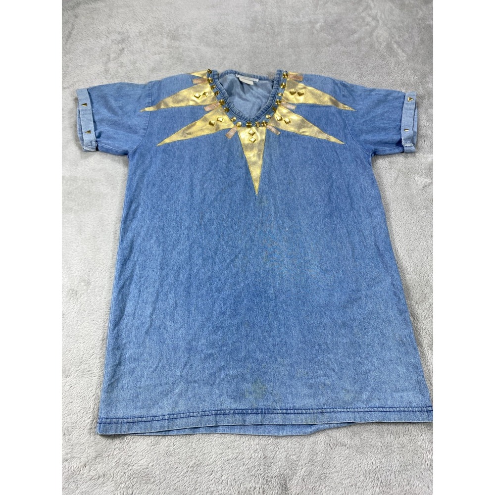 Vintage Womens Tunic Top M Blue Chambray Studded 100% Cotton Aztec Fairy V Neck - Picture 5 of 10